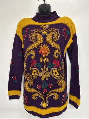 Casual Corner Purple Knit Sweater with Mustard Accent size small
